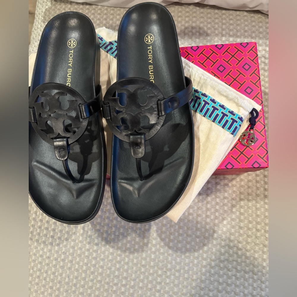 Tory Burch Black Leather Miller Cloud Logo Slide Sandals